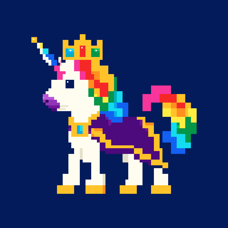 UniKing NFT number one, a crowned pixel unicorn