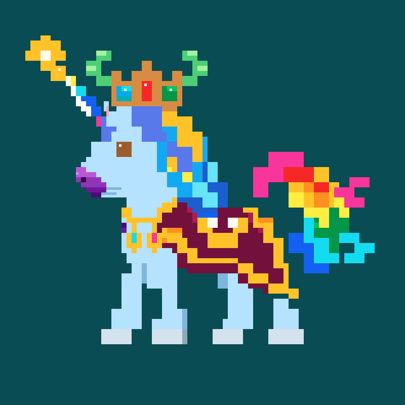 A colorful UniKing pixel unicorn NFT variation